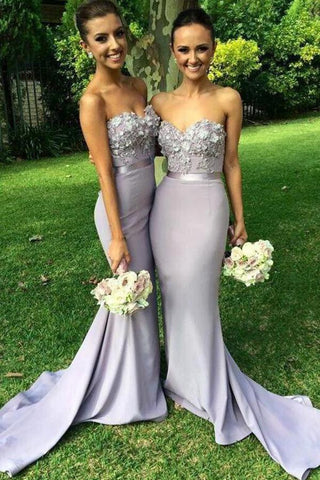 Elegant Long Mermaid Light Grey Sweetheart Appliques Beaded Sleeveless Bridesmaid Dress JS582