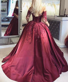 2024 Dark Red Lace Long Sleeve Prom Dress Off-the-Shoulder Ball Gown Quinceanera Dress JS392