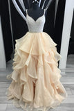 Princess Luxurious Spaghetti Straps V-Neck Beading Bodice Tulle Long Prom Dress with Layers JS122