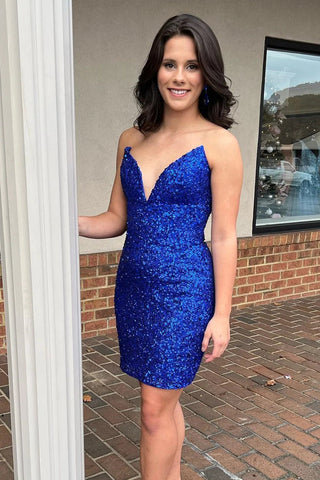 Sparkle Royal Blue Strapless V Neck Sequins Homecoming Dresses