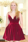 A- Line Burgundy Spaghetti Straps V-Neck Velvet Short Homecoming Dresses