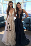 A Line V Neck Appliques Long Prom Dress V-neck Sexy Evening Party Dresses JS605