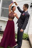 Stylish Burgundy Two Pieces A-line Beading Long Wedding Party Gown Cocktail Formal Wear