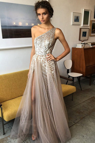 Elegant A Line Brown One Shoulder Tulle Shinning Side Split Long Prom Dresses JS618