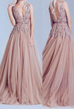 New Fashion Dusty Pink Tulle Off Shoulder Lace Long Elegant Party Prom Dress JS102