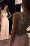 Elegant Long Light Pink Chiffon Evening Dress with Beading Bodice Prom Dresses JS583