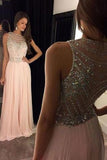 Elegant Long Light Pink Chiffon Evening Dress with Beading Bodice Prom Dresses JS583