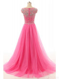 A-line Round Neck Beading Tulle Long Prom Dresses Evening Dresses JS554