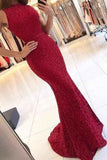 Charming New Arrival Mermaid Round Neck Dark Red Lace Prom Dresses UK JS385