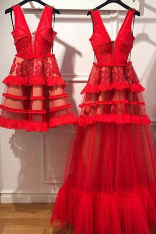 Charming Red V Neck Tulle Long Prom Dress Evening Dress