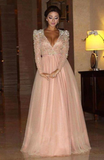 Elegant A Line Long Sleeve Deep V Neck Pink Beads Tulle Long Prom Dresses JS985