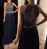 Elegant Chiffon Prom Dresses Navy Blue Long Evening Gowns with Beading Prom Gown JS128