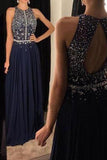 Elegant Chiffon Prom Dresses Navy Blue Long Evening Gowns with Beading Prom Gown JS128