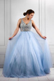 Elegant Sky Blue Sleeveless Party Gown with Beading Top Prom Dresses