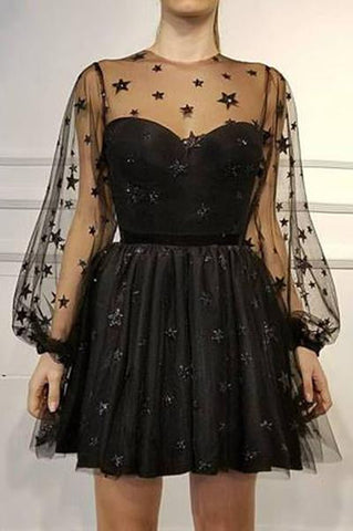 A Line Long Sleeves Tulle Sweetheart Spaghetti Straps with Flowers Black Homecoming Dresses JS955