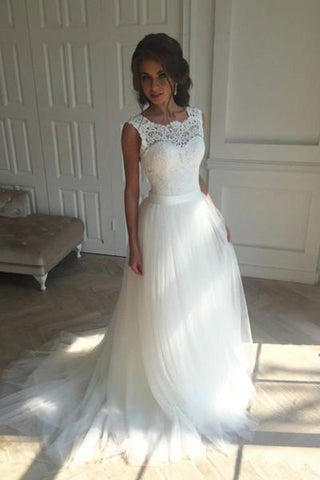 Charming white tulle lace round neck wedding dresses