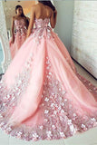 Ball Gown Pink Tulle Lace Applique Long Sweetheart Strapless Prom Dresses Evening Dresses JS255