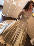 Satin Ball Gown Gold Long Sleeves Scoop Lace Appliques Beads Floor Length Prom Dresses JS771