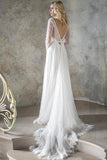 Elegant A Line V Neck Long Sleeve Ivory Lace Backless Beach Boho Wedding Dresses JS872