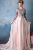 Scoop A-line Pink Chiffon with Silver Lace Appliqued Long 3/4 Sleeves Prom Dresses JS311