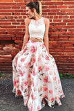 Two Piece High Neck Floral Long Lace A Line Sleeveless Graduation Prom Dresses UK JS571