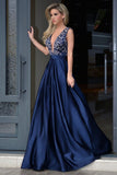 Glamorous A-Line Deep V-Neck Sweep Train Royal Blue Long Beading Prom Dresses JS328