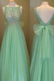 Elegant Scoop Beading A-line Tulle Green Floor-Length Bowknot Sequins Prom Dresses JS354