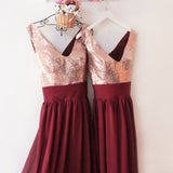 Dark Burgundy V Neck Chiffon Bridesmaid Dresses With Sequin V Back Prom Dresses