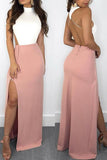 Elegant Mermaid White and Pink Halter Backless Satin with Slit Sleeveless Prom Dresses JS630