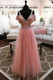 High Fashion A-Line V-Neck Off Shoulder Blush Pink Long Tulle Prom Dresses with Beads JS675