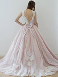 A Line Nude Tulle Pink Lace Appliqued Ball Gown Lace up Beach Wedding Dresses JS918