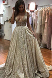 Elegant Sparkly V Neck Open Back Sequin Shiny Long Sleeveless Prom Dresses JS105