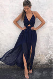 Simple A-Line Halter Floor Length Backless Navy Blue Chiffon Prom Dresses JS609