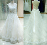 Sheer Castle Ivory Ball Illusion Back Appliques Lace Chapel Train Wedding Dress JS198