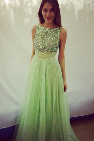 Elegant Scoop Beading A-line Tulle Green Floor-Length Bowknot Sequins Prom Dresses JS354