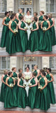 A-Line Round Neck Floor Length Hunter Green Satin Bridesmaid Dress Long Prom Dresses BD1001