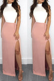 Elegant Mermaid White and Pink Halter Backless Satin with Slit Sleeveless Prom Dresses JS630