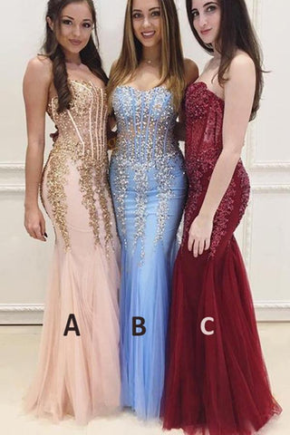 Mermaid Sexy Long Cheap Sweetheart Strapless Beads Tulle See Through Prom Dresses JS173