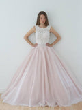 A Line Nude Tulle Pink Lace Appliqued Ball Gown Lace up Beach Wedding Dresses JS918