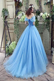 Elegant Ball Gown Off the Shoulder Blue Long Lace up Sweetheart Tulle Prom Dresses JS257