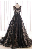 Black Round Neck Tulle Long Beads Lace A-Line Lace up Sleeveless Prom Dresses UK JS396