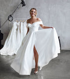 A-Line Satin Off-the-Shoulder Sleeveless Elegant Wedding Dresses