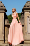 Cheap A line Sleeveless High Neck Open Back Cap Sleeve Chiffon Coral Prom Dresses JS827