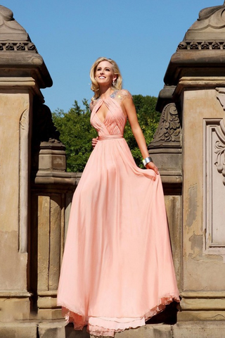 Cheap A line Sleeveless High Neck Open Back Cap Sleeve Chiffon Coral Prom Dresses JS827