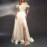 Off The Shoulder A Line Special Elegant Satin Long Wedding Dresses