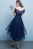 Dark Blue Lace Tulle Short Sleeve High Low Round Neck A-Line Short Prom Dresses JS408