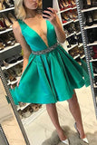 Sexy Deep V Neck Sleeveless Satin Short Homecoming Dresses With Belt