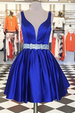 Sexy Deep V Neck Sleeveless Satin Short Homecoming Dresses With Belt