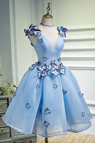 A Line Sky Blue V Neck Lace up Junior Cute Homecoming Dress with Butterfly Flowers JS781