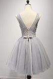 Grey V Neckline Short Party Prom Dresses Perfect Sweet 16 Dress H34